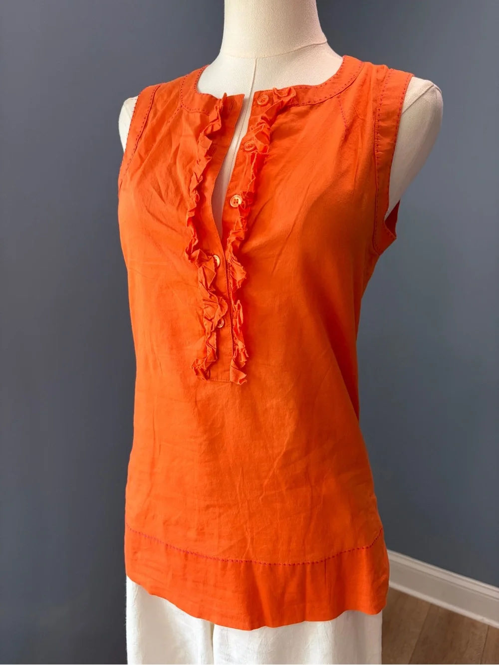 Tory Burch Orange 100% Cotton Ruffle Sleeveless Blouse Top Size 4